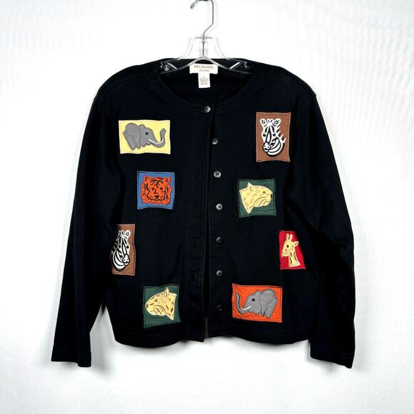 Bechamel Sweaters - Vintage Bechamel Black Cardigan Teacher Sweater Animal Patches Petites Size PL